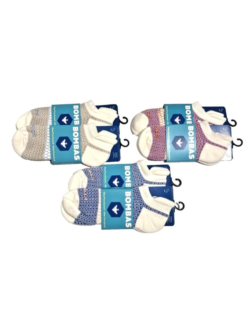 6 Pair Bombas White Tri-blocked Ankle Socks for Women Size Medium